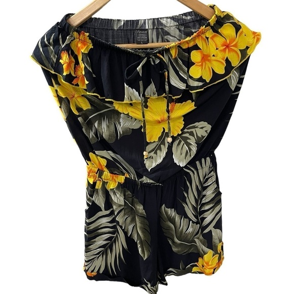 Favant Hawaii Floral Rompers with Pockets Cuffed Size Large Elastic Shoulders - Picture 1 of 4